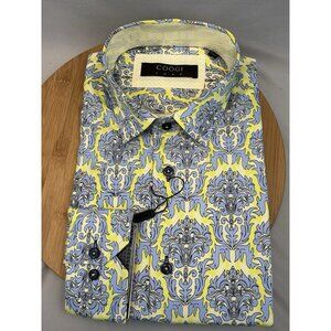 Coogi Luxe Button Up Large Mens Long Sleeve Flip Cuff Yellow Blue